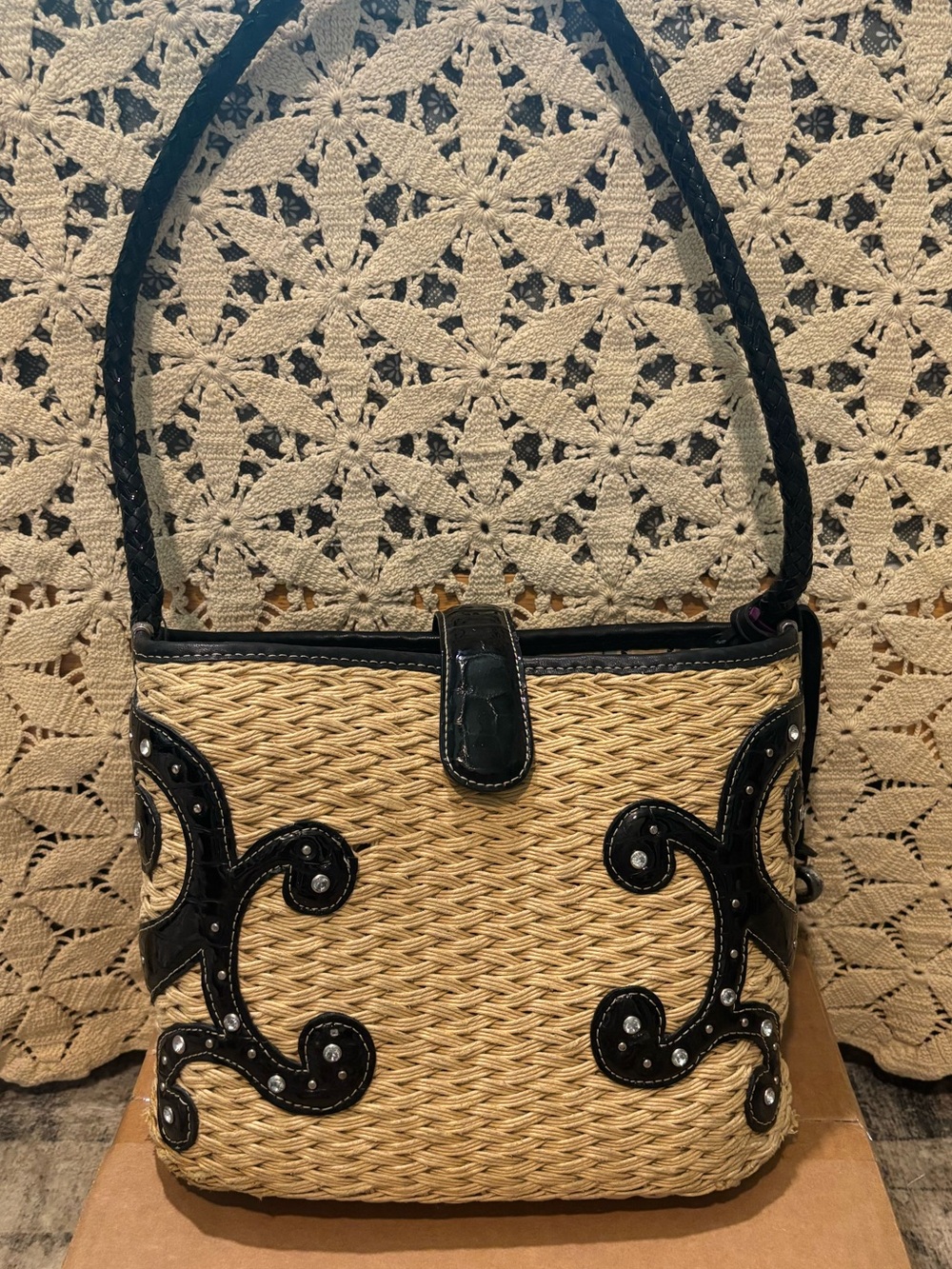 Vintage Brighton Woven Straw Shoulder Bag with Black Trim